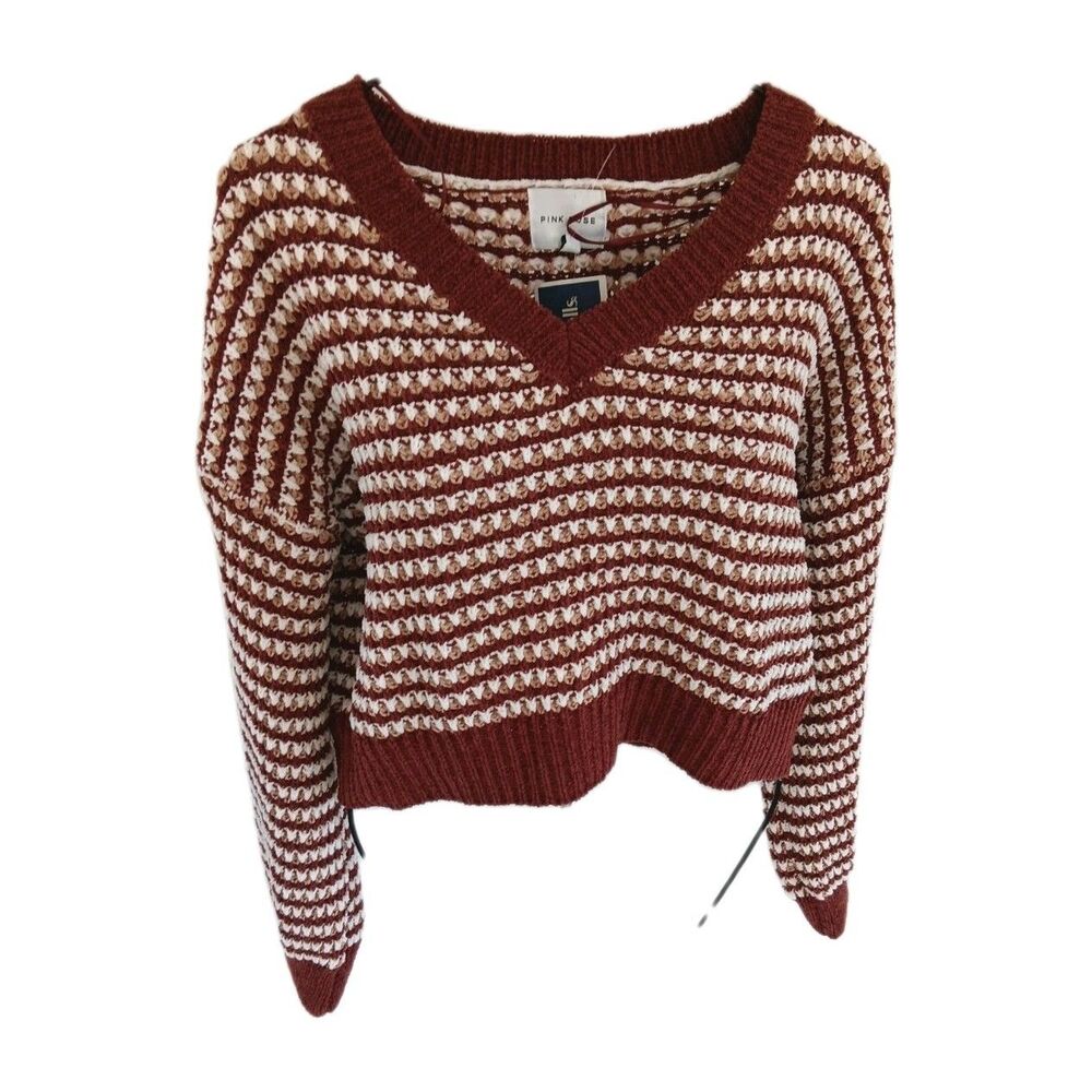 NWT Pink Rose Chunky Knit Long Sleeve Crop-Top Sweater V-Neck Pullover  Large